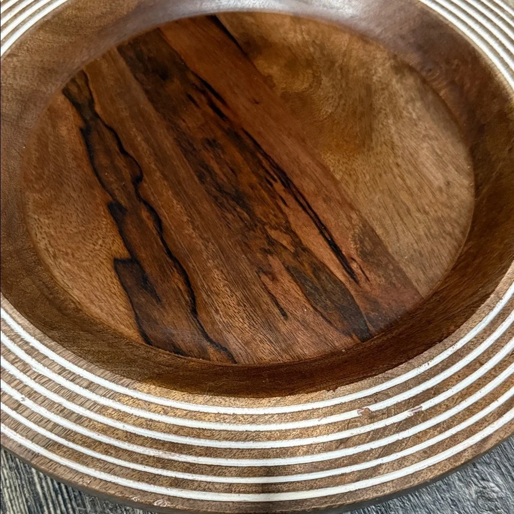 Kirklands Brown and White Striped Wooden Bowl